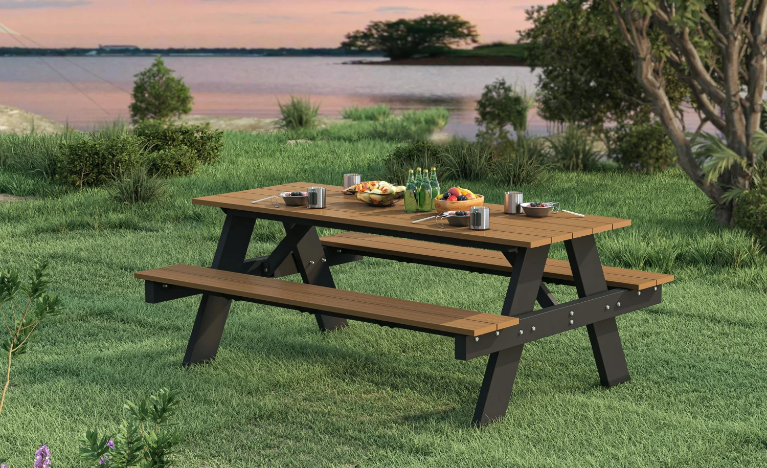 Picknicktafel NewTechWood met zwart onderstel | bladmaat 180 x 70 cm | Teak - Afbeelding 2